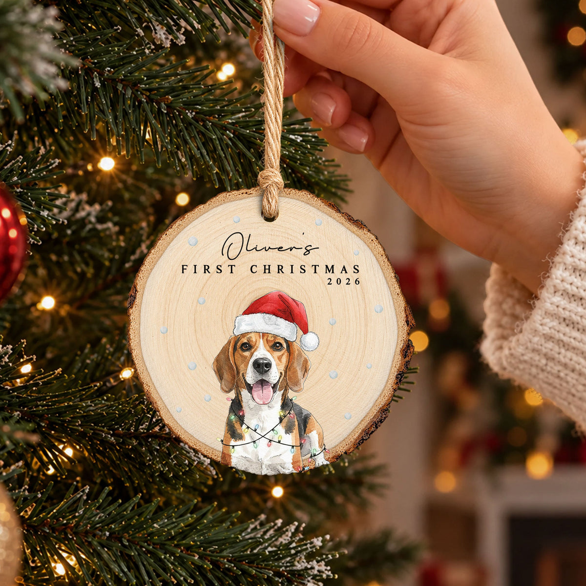 Custom Photo Watercolor First Christmas Pet, Baby Christmas Wooden Ornament - Personalized Ornament