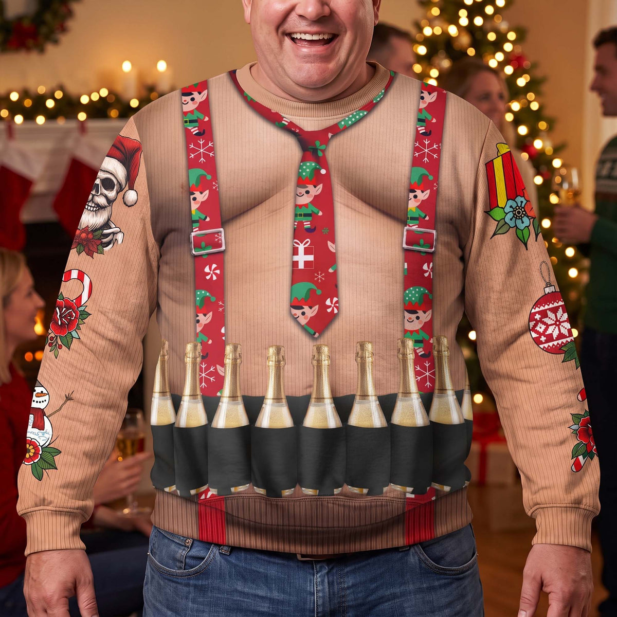 Funny Drinks Christmas Sweatshirt, 3D Muscle Santa Fake Ugly Xmas Sweater, Drinks Belt Holiday Pullover - Personalized Sweater