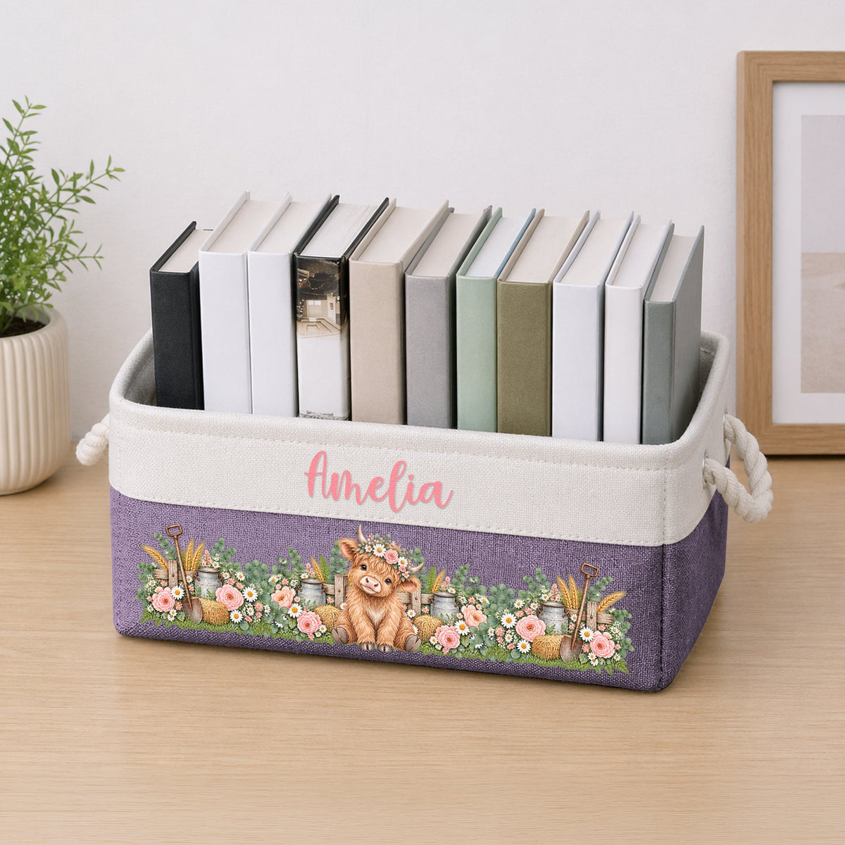 Highland Cow Farmhouse Nursery Decor - Personalized Storage Basket