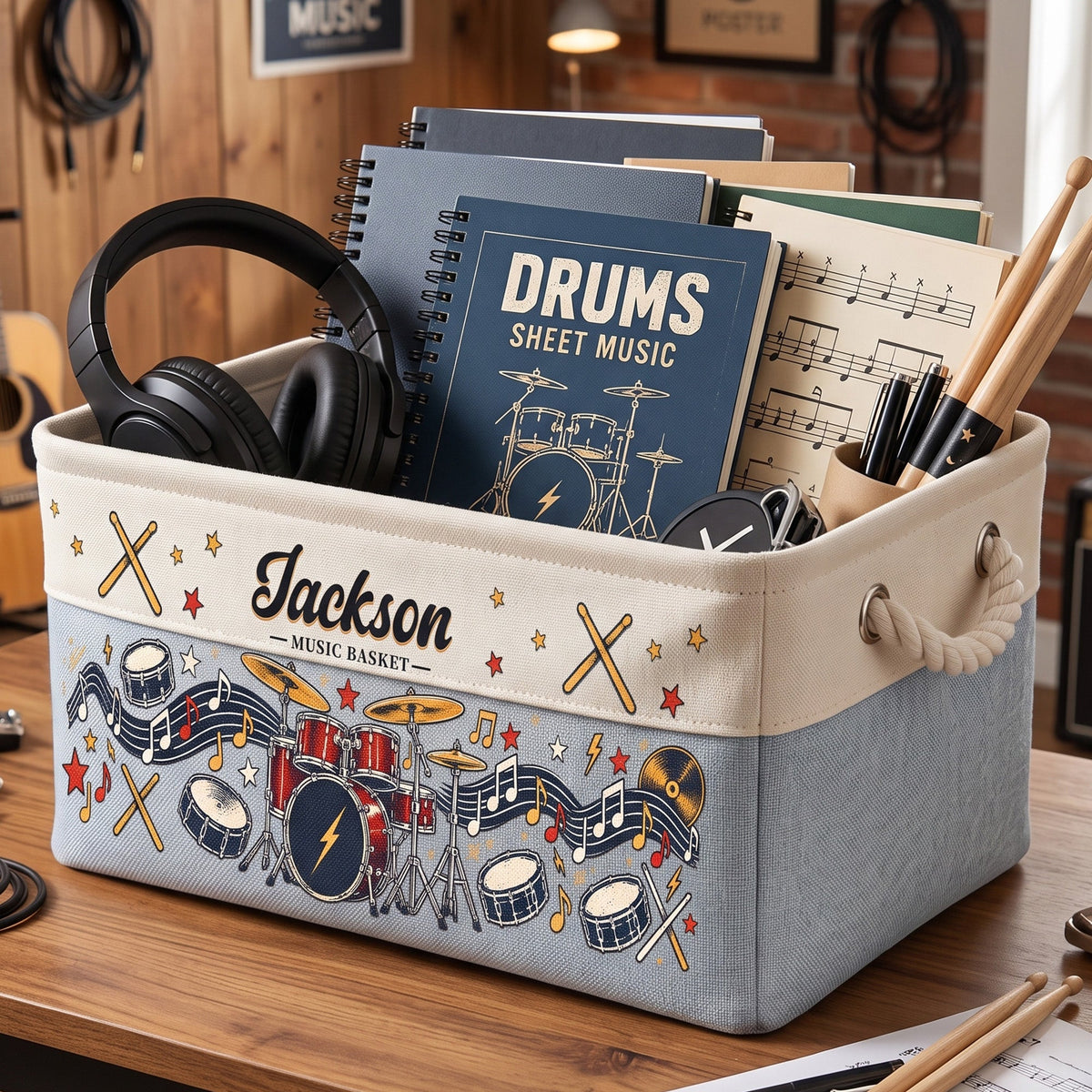 Custom Music Lovers Drums Gift For Drummers Boy, Girl, Daughter, Son - Personalized Storage Basket