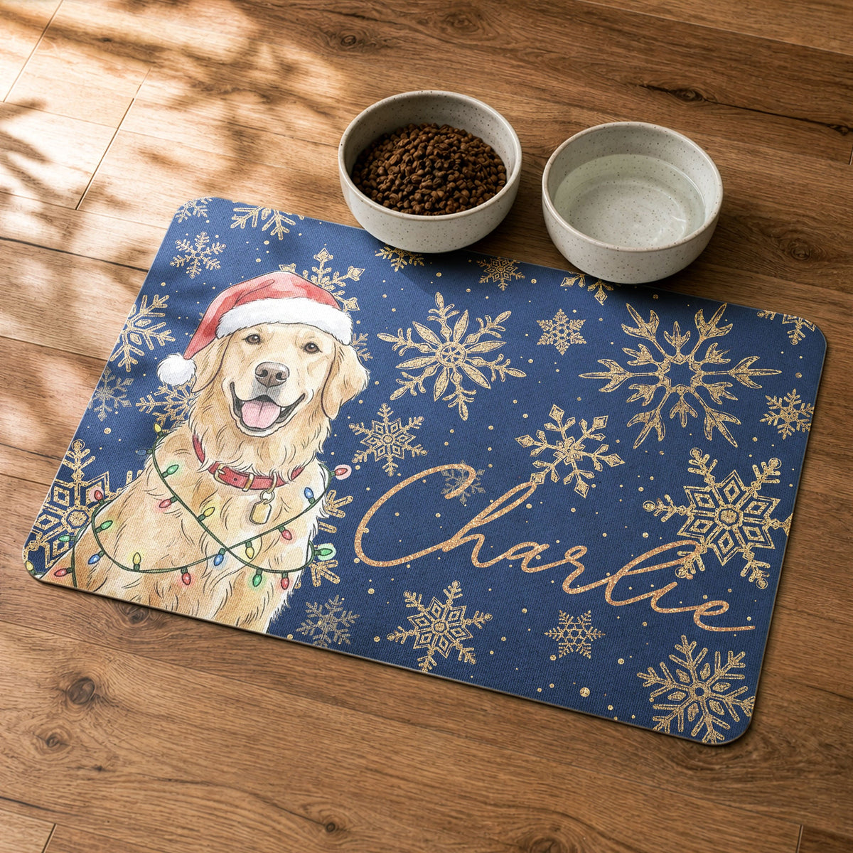 Custom Pet Portrait Watercolor Art Snowflake Christmas - Personalized Pet Feeding Mat