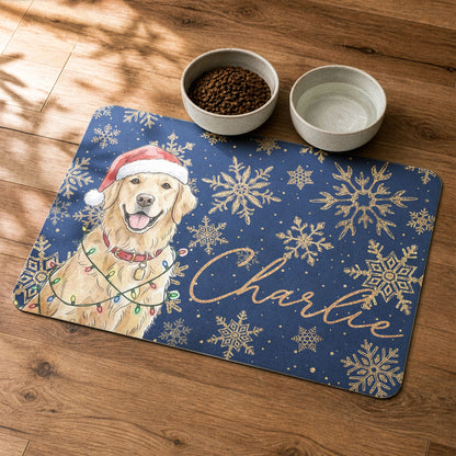 Custom Pet Portrait Watercolor Art Snowflake Christmas - Personalized Pet Feeding Mat