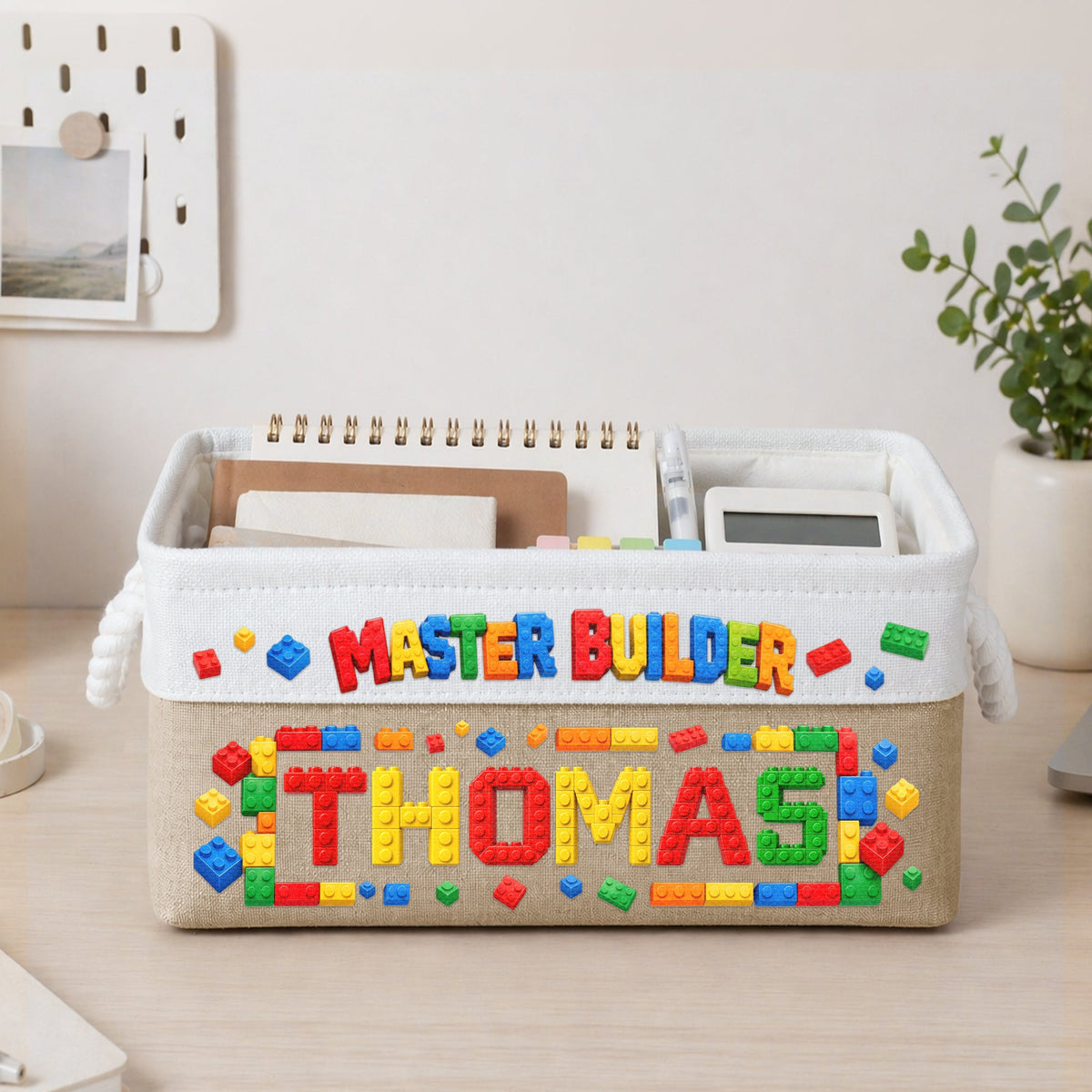Custom Name In Lego - Master Builder Building Blocks Storage Basket For Kids - Personalized Storage Basket