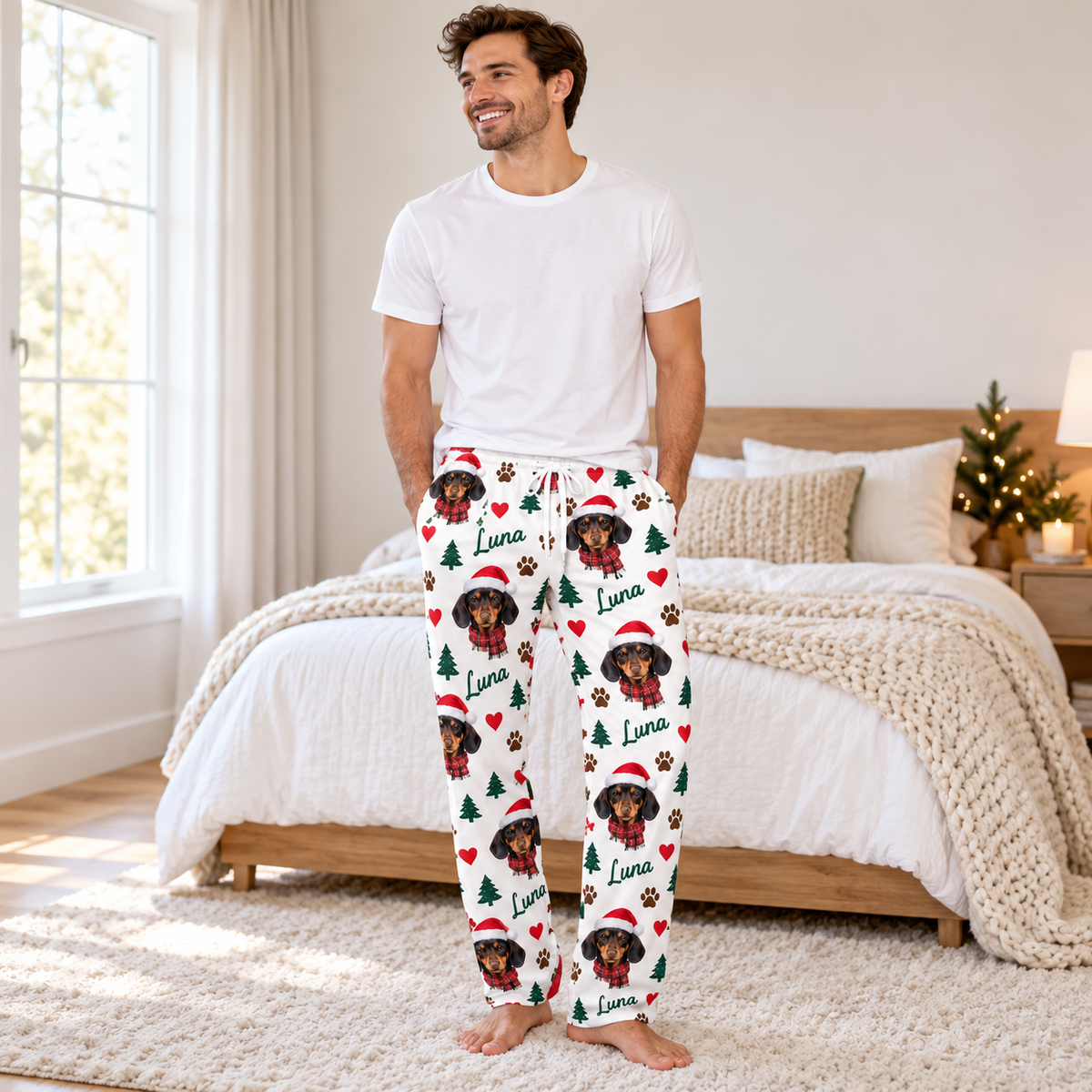 Personalized Pet Face Christmas Lounge Pants – Custom Dog Photo & Name Matching Pajama Pants