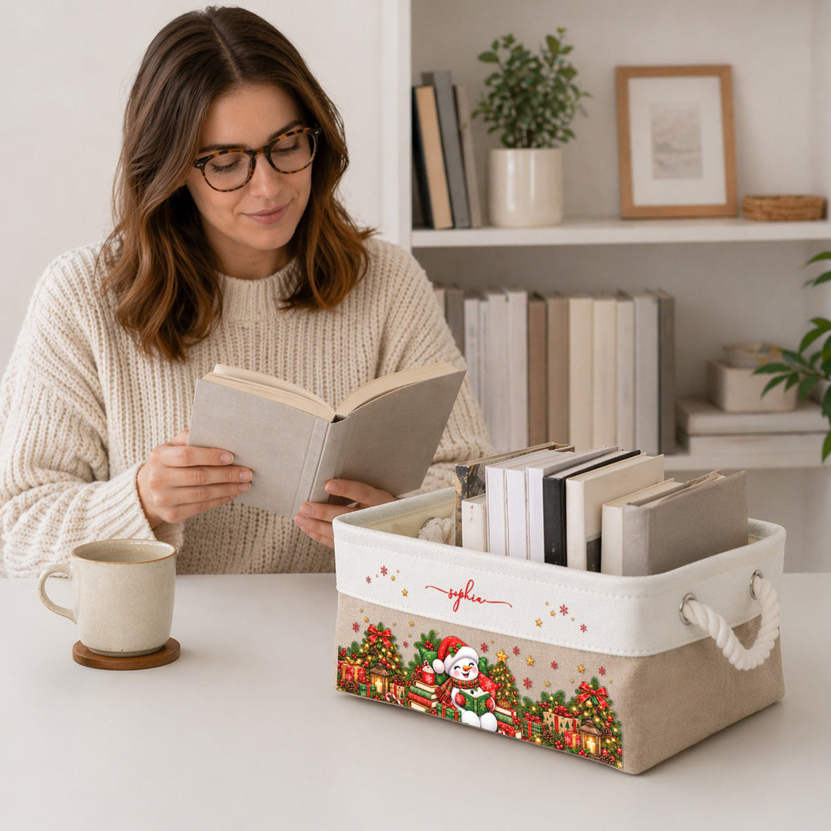 Christmas Snowman, Gingerbread, Reindeer Reading Book Gift For Book Lover - Personalized Storage Basket