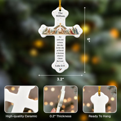 Custom Nativity Christmas Ceramic Cross - Personalized Ornament