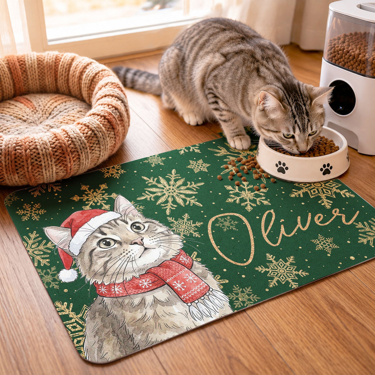 Custom Pet Portrait Watercolor Art Snowflake Christmas - Personalized Pet Feeding Mat