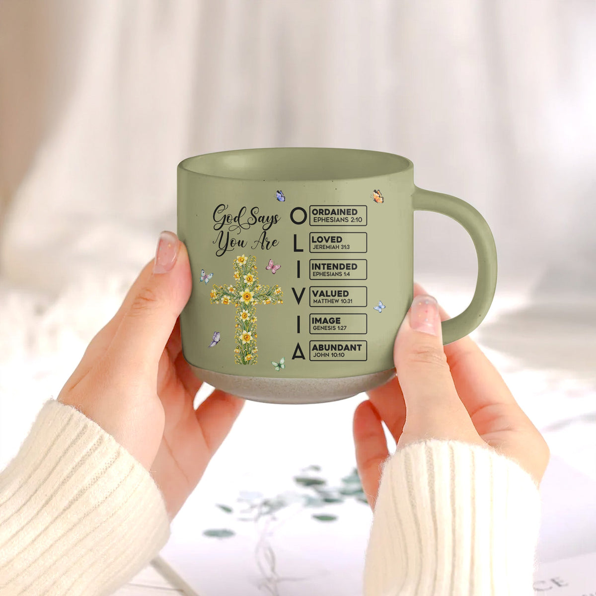 God Says I Am Name Letter In Bible Cross Birth Month Flower - Personalized Mug