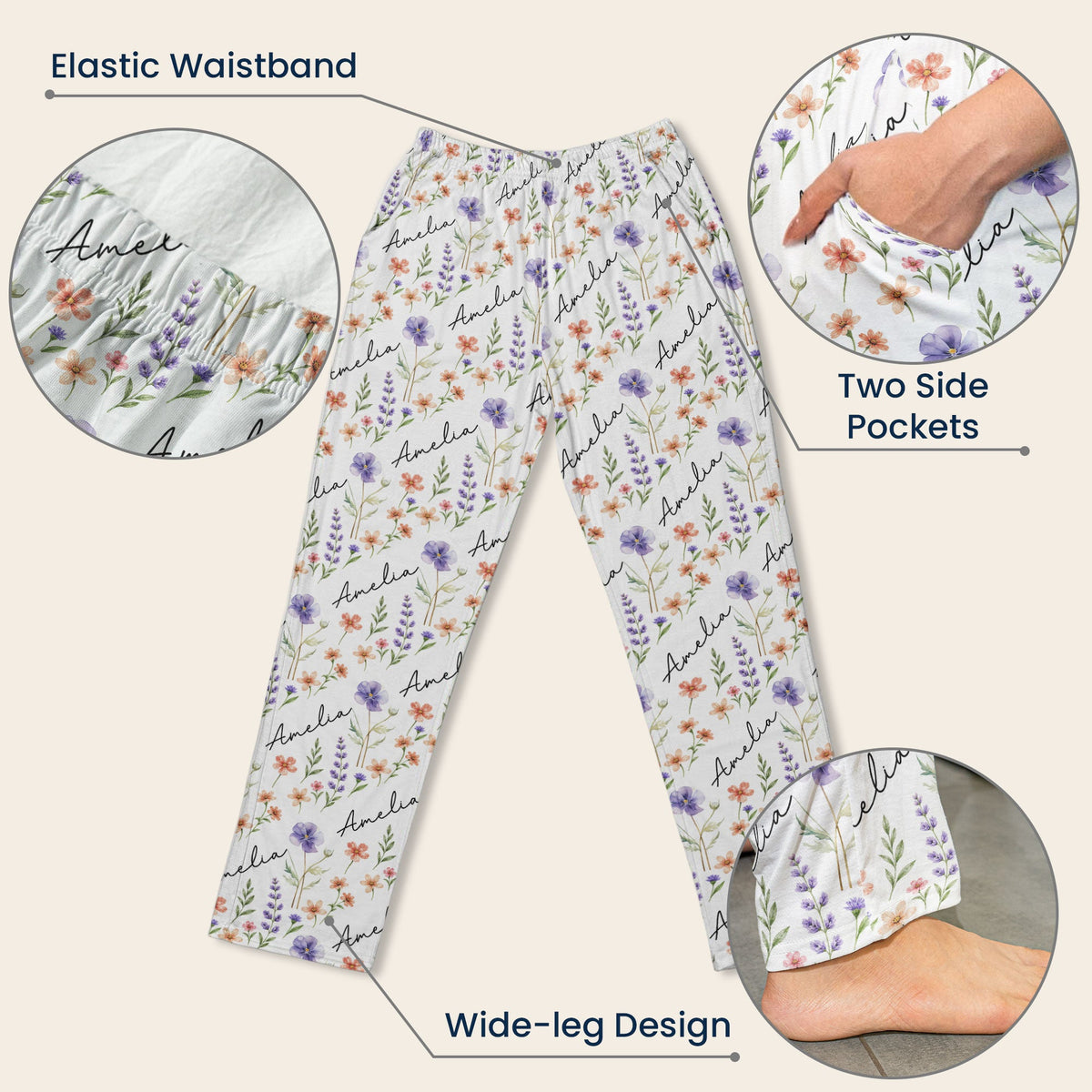 Custom Name & Birth Flower Gifts For Her, Friends, Sisters, Daughters - Personalized Lounge Pants