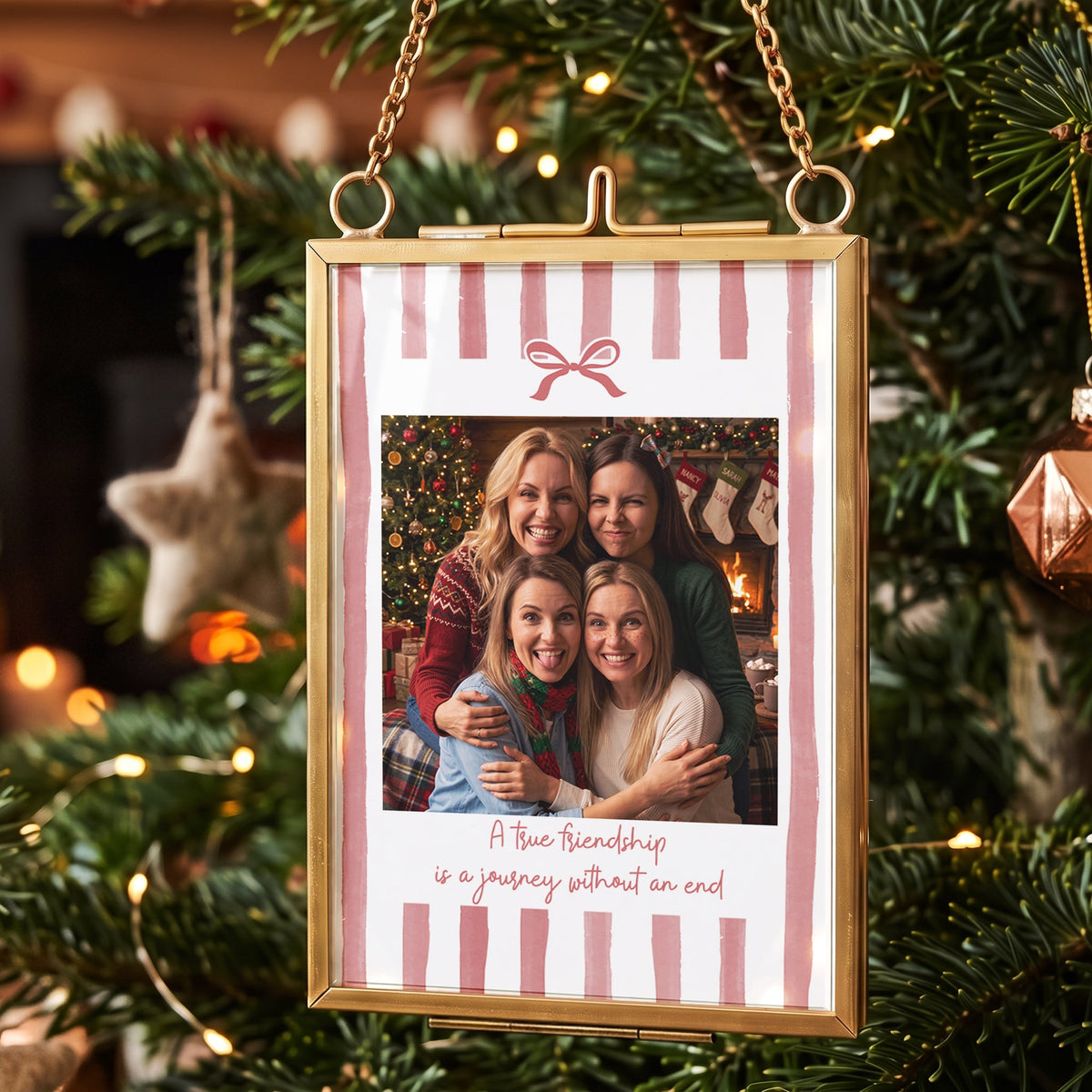 Friendship Thank You Gift - Custom Photo & Message - Stripe With Bow Frame - Personalized Ornament
