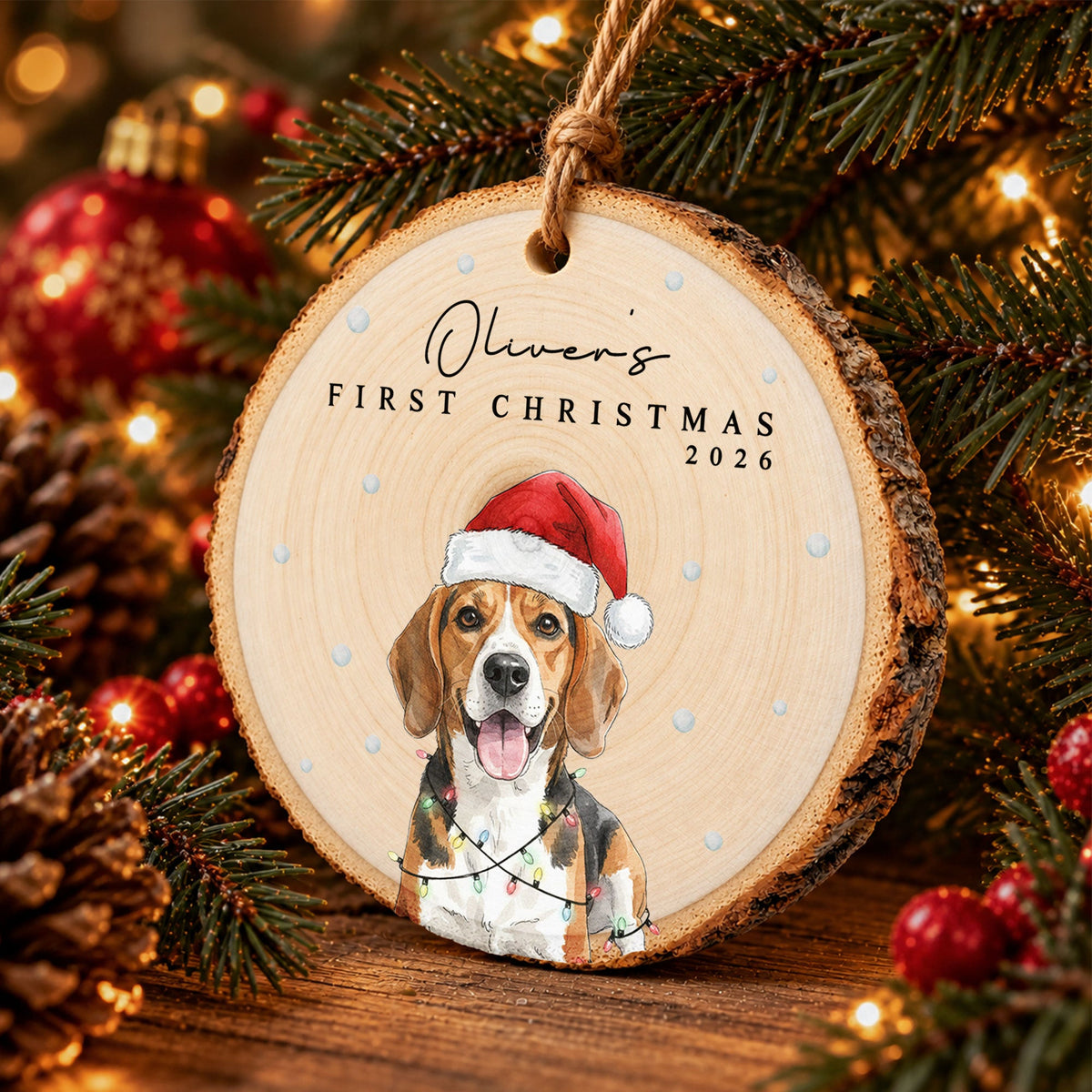 Custom Photo Watercolor First Christmas Pet, Baby Christmas Wooden Ornament - Personalized Ornament