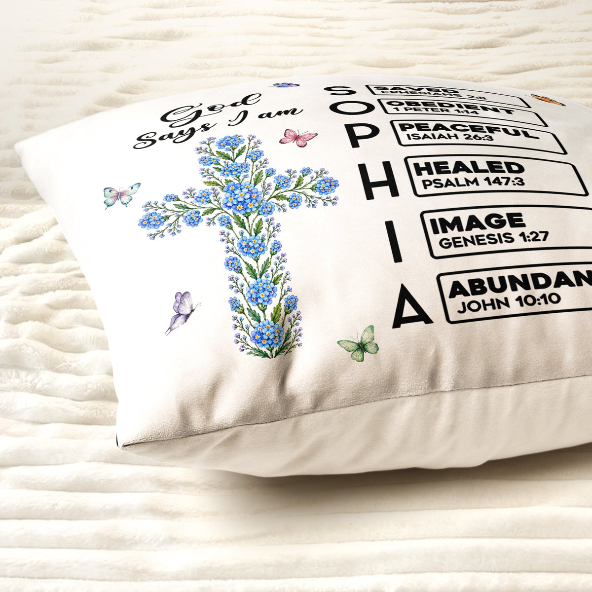 God Says I Am Name Letter In Bible Cross Birth Month Flower - Personalized Pillow