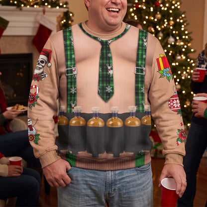 Funny Drinks Christmas Sweatshirt, 3D Muscle Santa Fake Ugly Xmas Sweater, Drinks Belt Holiday Pullover - Personalized Sweater