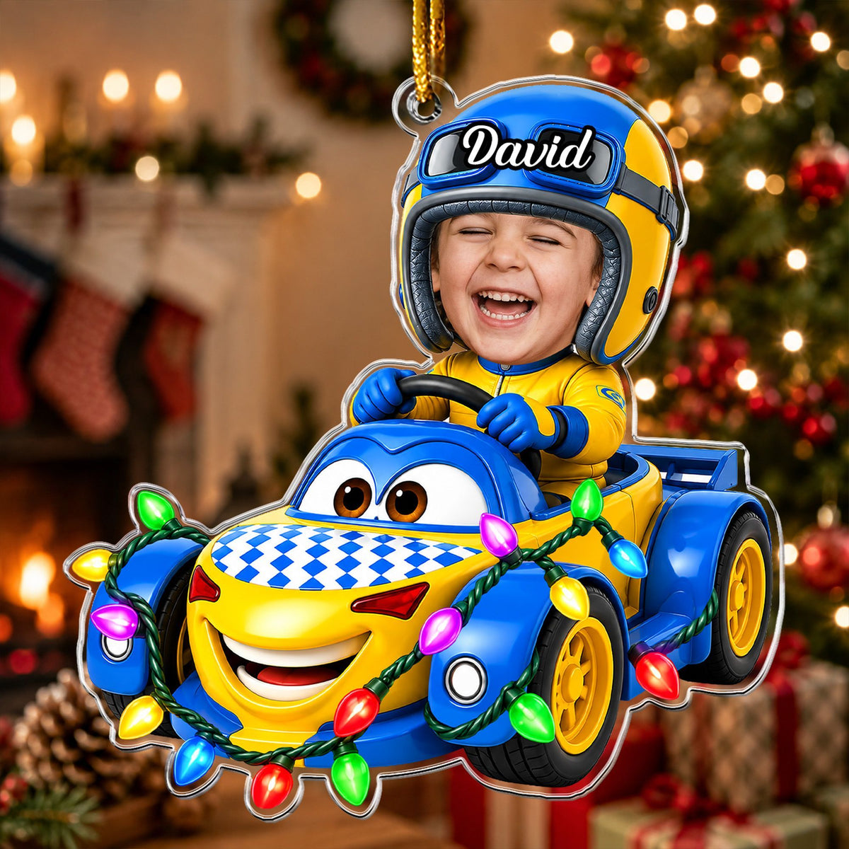 Custom Kid Funny Face Racing Car Christmas Gifts For Son, Daughter, Grandkids - Personalized Ornament