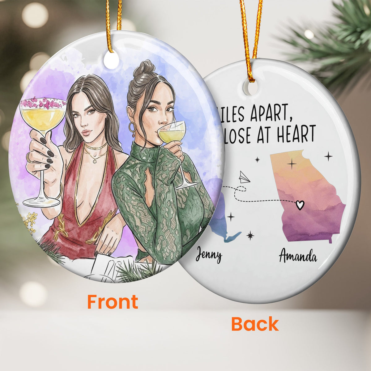 Custom States & Photo Watercolor Art - Long Distance Relationship Gifts - Personalized Ornament