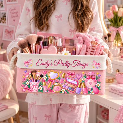 Makeup Storage Basket With Handles For Girls, Daughters, Granddaughters - Personalized Storage Basket