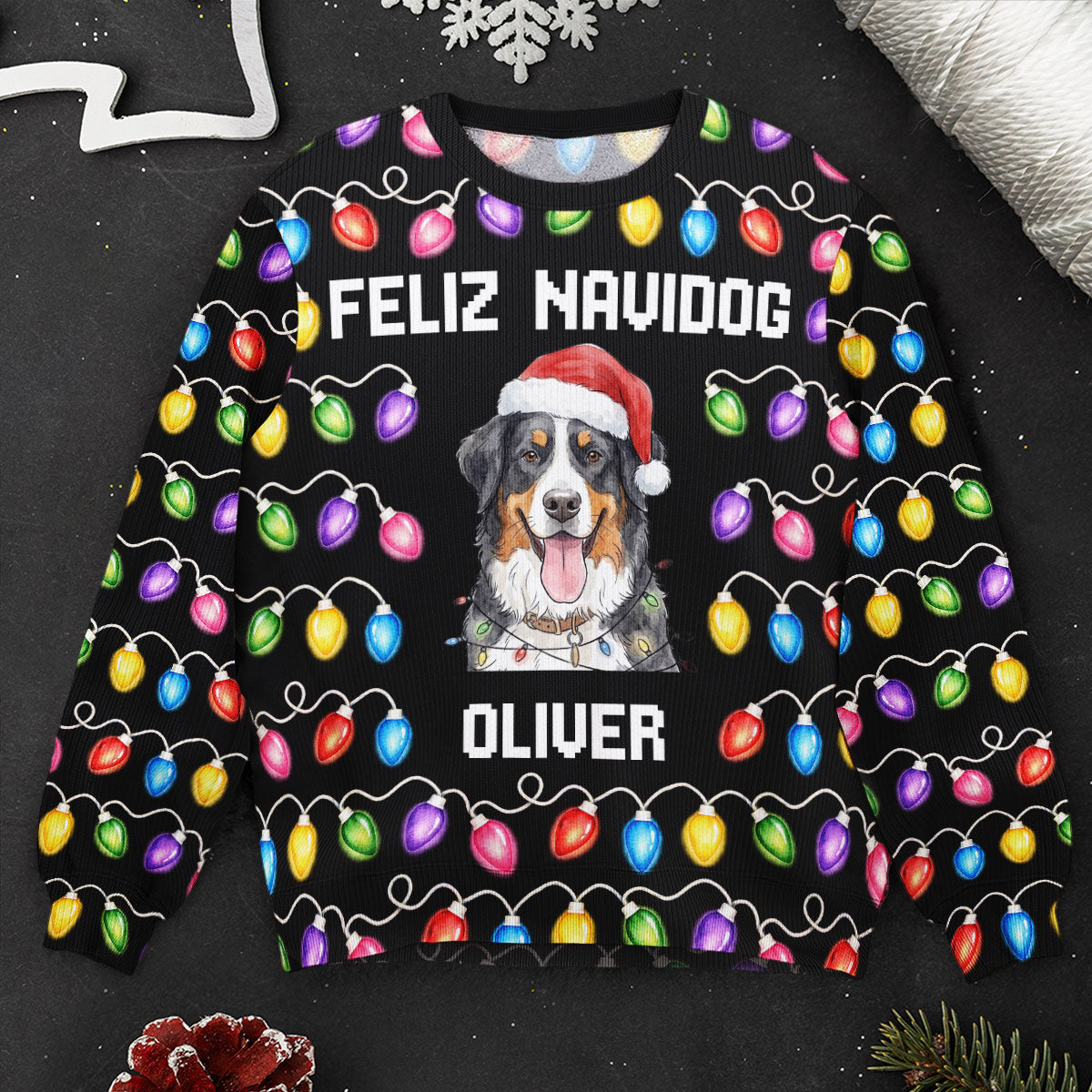 Custom Funny Pet Christmas Santa With Lights Feliz Navidog - Personalized Ugly Sweater