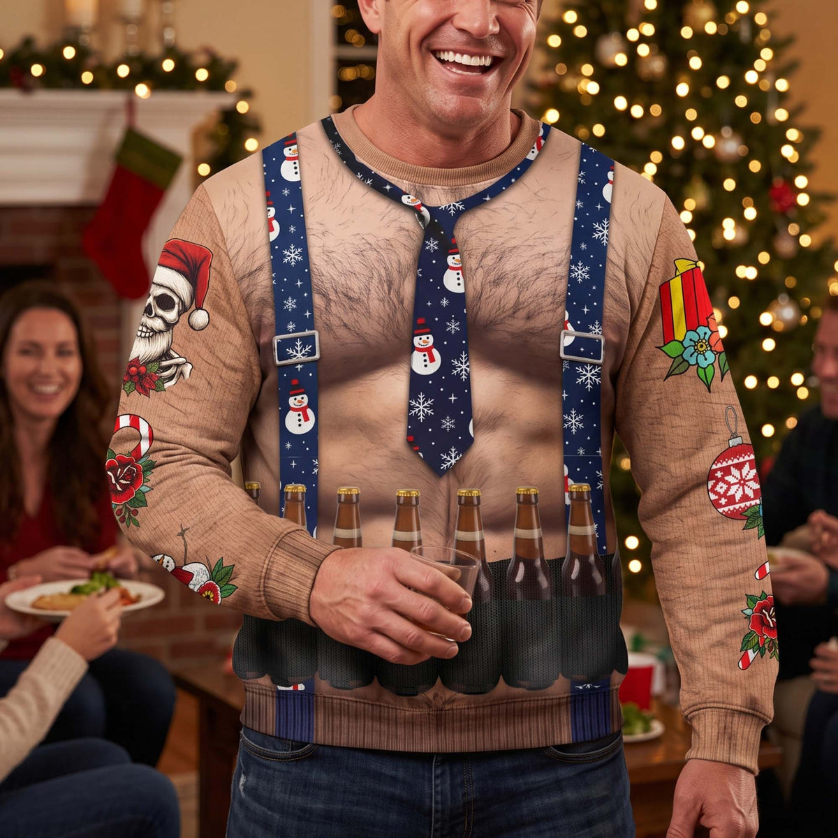 Funny Drinks Christmas Sweatshirt, 3D Muscle Santa Fake Ugly Xmas Sweater, Drinks Belt Holiday Pullover - Personalized Sweater