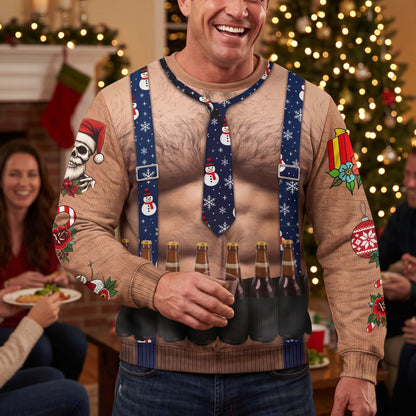 Funny Drinks Christmas Sweatshirt, 3D Muscle Santa Fake Ugly Xmas Sweater, Drinks Belt Holiday Pullover - Personalized Sweater