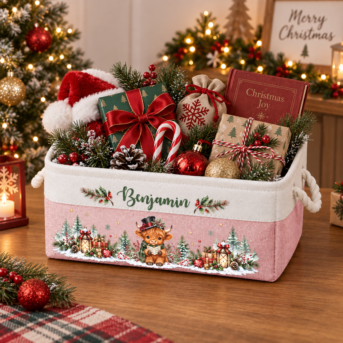 Highland Cow Farmhouse Christmas Decor - Personalized Storage Basket