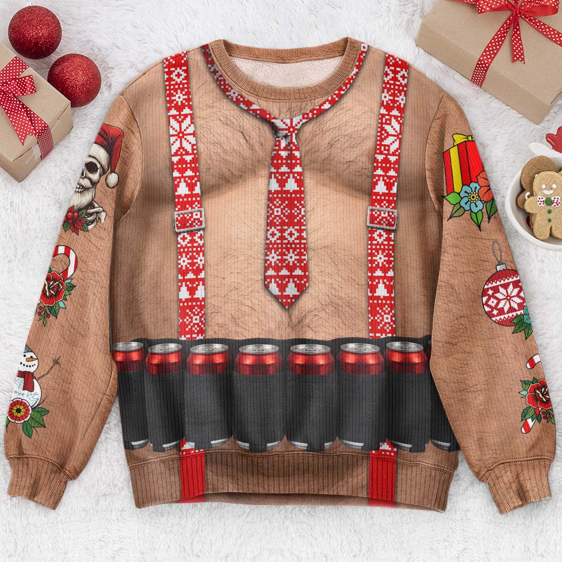Funny Drinks Christmas Sweatshirt, 3D Muscle Santa Fake Ugly Xmas Sweater, Drinks Belt Holiday Pullover - Personalized Sweater