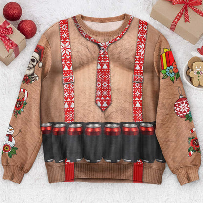 Funny Drinks Christmas Sweatshirt, 3D Muscle Santa Fake Ugly Xmas Sweater, Drinks Belt Holiday Pullover - Personalized Sweater