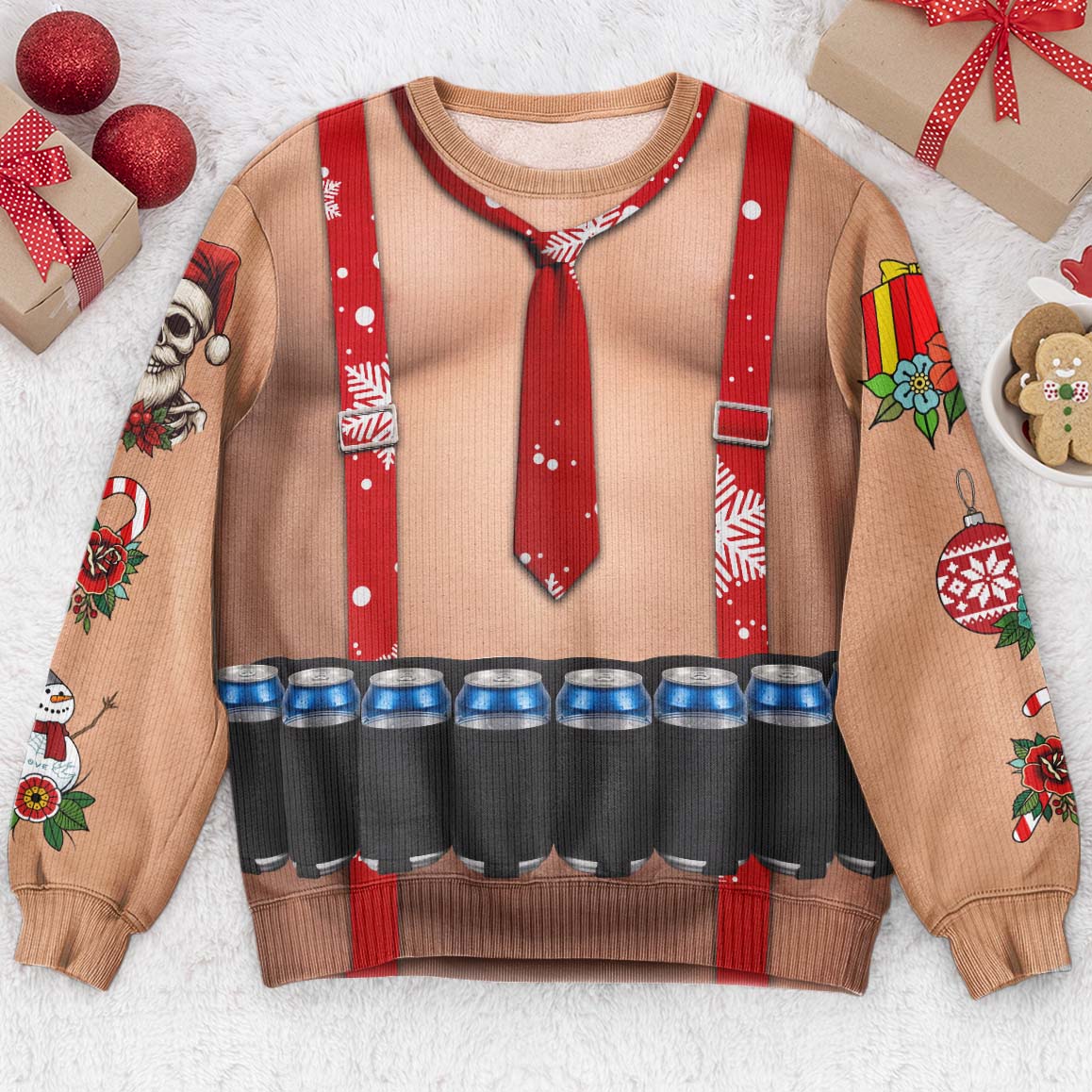 Funny Drinks Christmas Sweatshirt, 3D Muscle Santa Fake Ugly Xmas Sweater, Drinks Belt Holiday Pullover - Personalized Sweater
