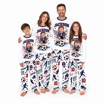 Custom Photo Name & Number Cute Soccer Player Matching Family Pajamas