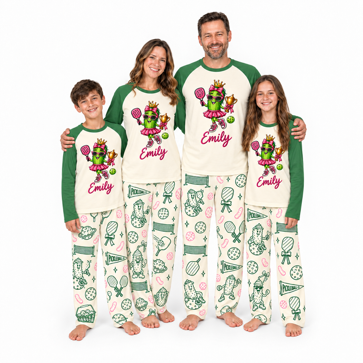 Personalized Name Cute Pickleball Pickle Character Matching Family Pajamas