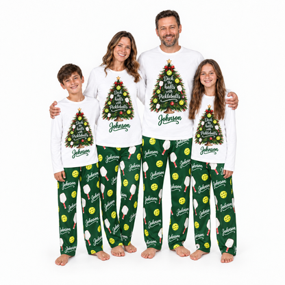 Personalized Family Name Festive Pickleball Christmas Tree Matching Family Christmas Pajamas