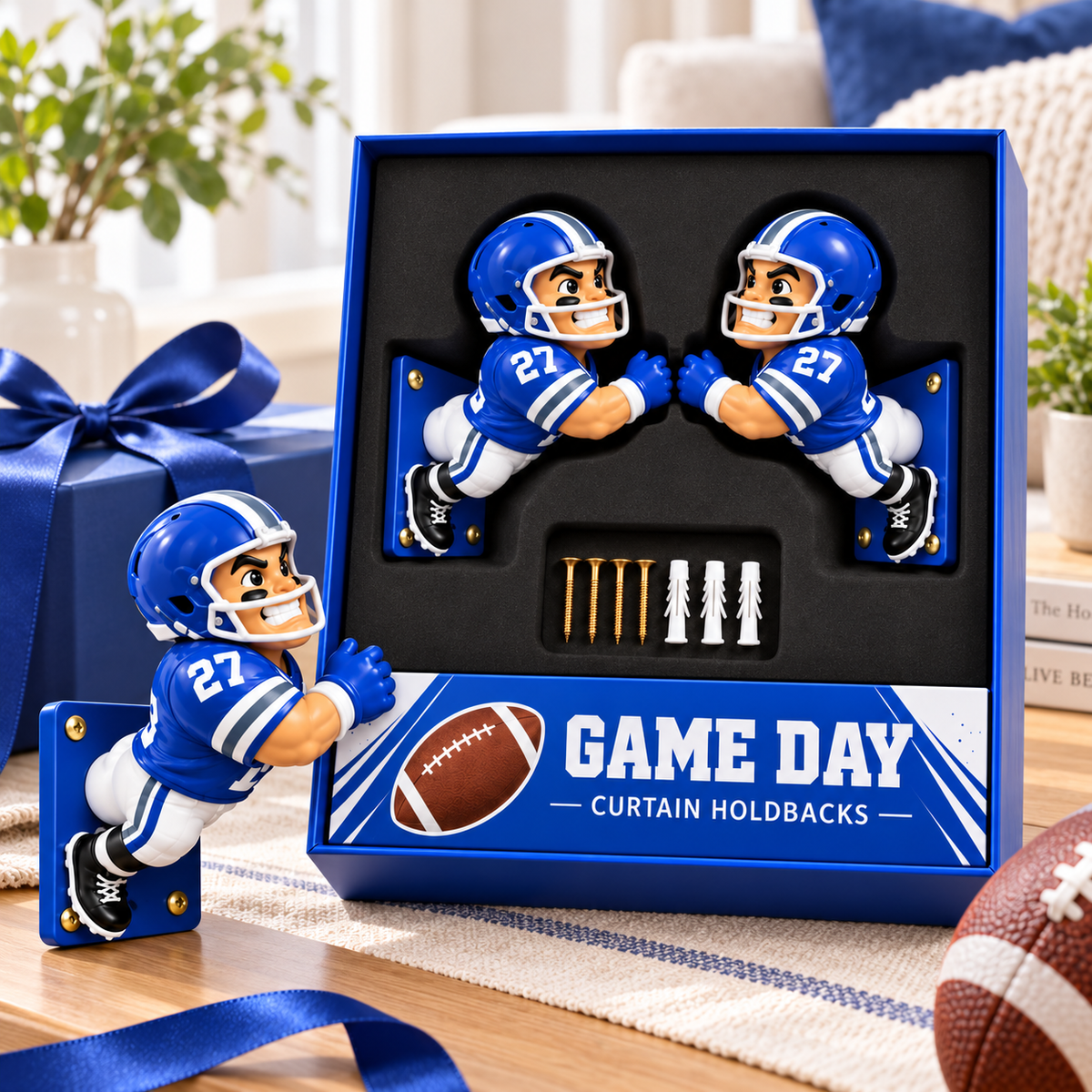 Personalized American Football Player Curtain Holdbacks – Set of 2 Resin Curtain Tiebacks, Football Fan Gift