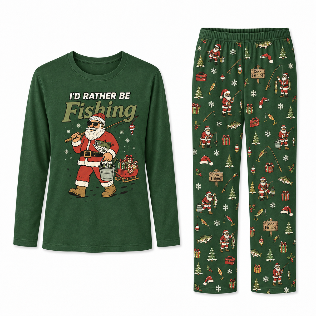 Funny Fishing Santa I'd Rather Be Fishing Matching Family Christmas Pajamas