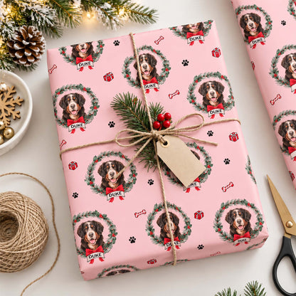 Personalized Dog Photo Christmas Wreath Wrapping Paper