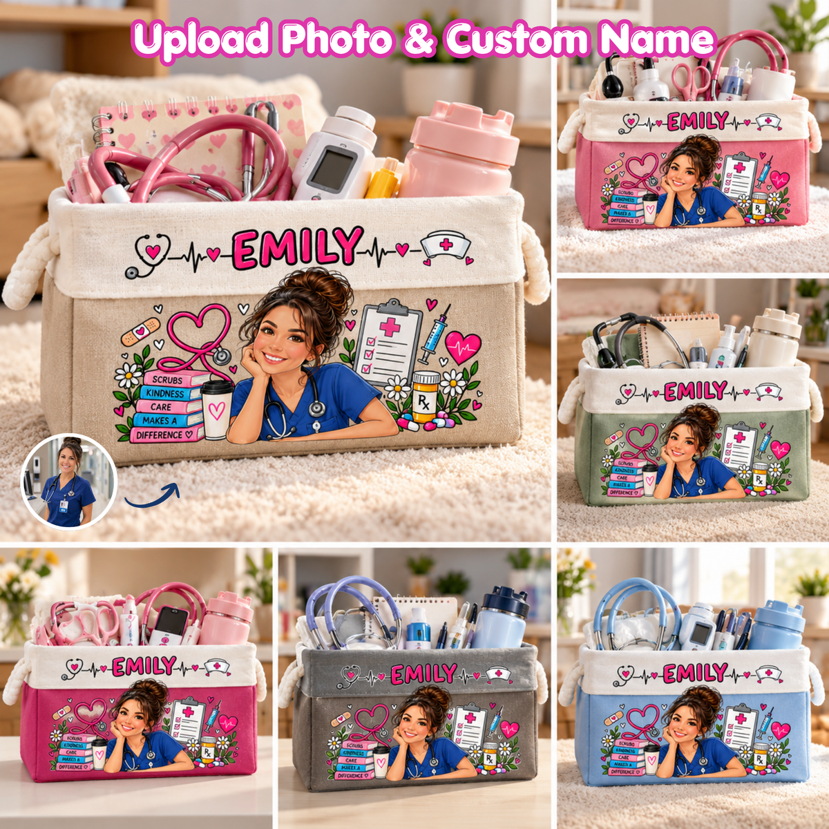 Custom Name Nurse Gifts for Nurses – Personalized Storage Basket – Scrubs, Kindness & Care