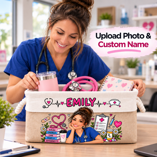 Custom Name Nurse Gifts for Nurses – Personalized Storage Basket – Scrubs, Kindness & Care
