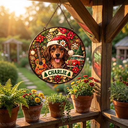 Personalized Hippie Christmas Pet Portrait Stained Glass Suncatcher – Custom Pet Name, Groovy Holiday Window Hanging Gift