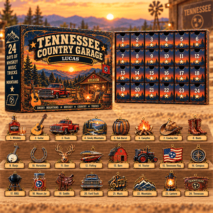 Personalized Tennessee Country Garage Advent Calendar 2026, 24 Acrylic Ornaments, Country Christmas Gift for Men, Truck Lovers & Country Music Fans