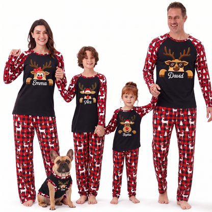 Cute Personalized Reindeer Buffalo Plaid Family Christmas Pajamas With Pet