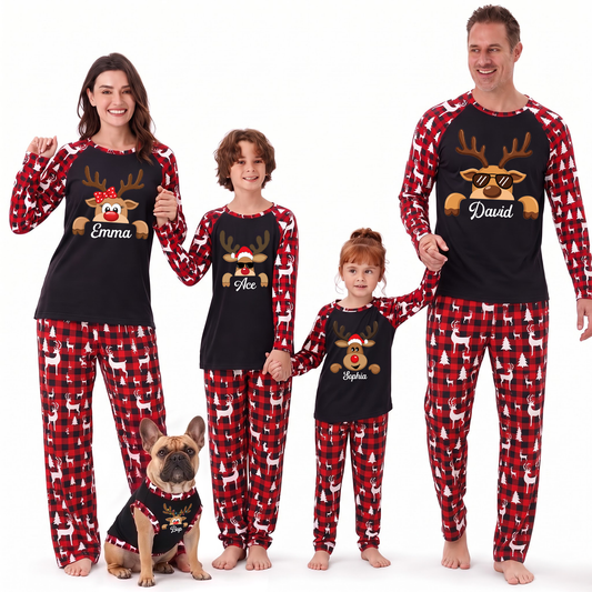 Cute Personalized Reindeer Buffalo Plaid Family Christmas Pajamas With Pet