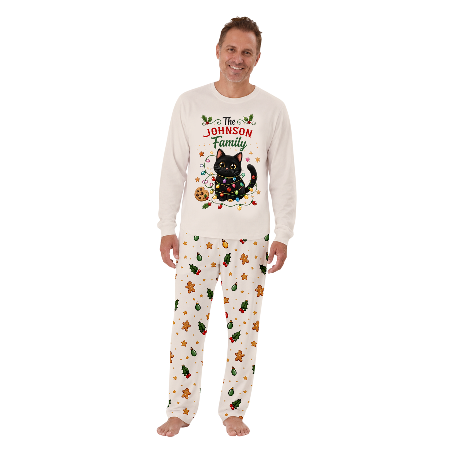 Personalized Black Cat Christmas Lights Matching Family Christmas Pajamas With Pet