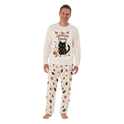Personalized Black Cat Christmas Lights Matching Family Christmas Pajamas With Pet