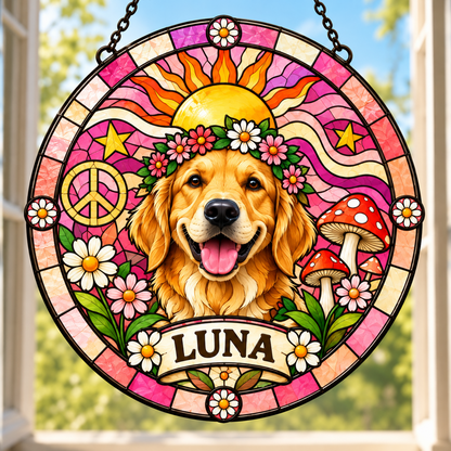 Personalized Pet Portrait Hippie Stained Glass Suncatcher – Custom Pet Name, Floral Peace Window Hanging Gift