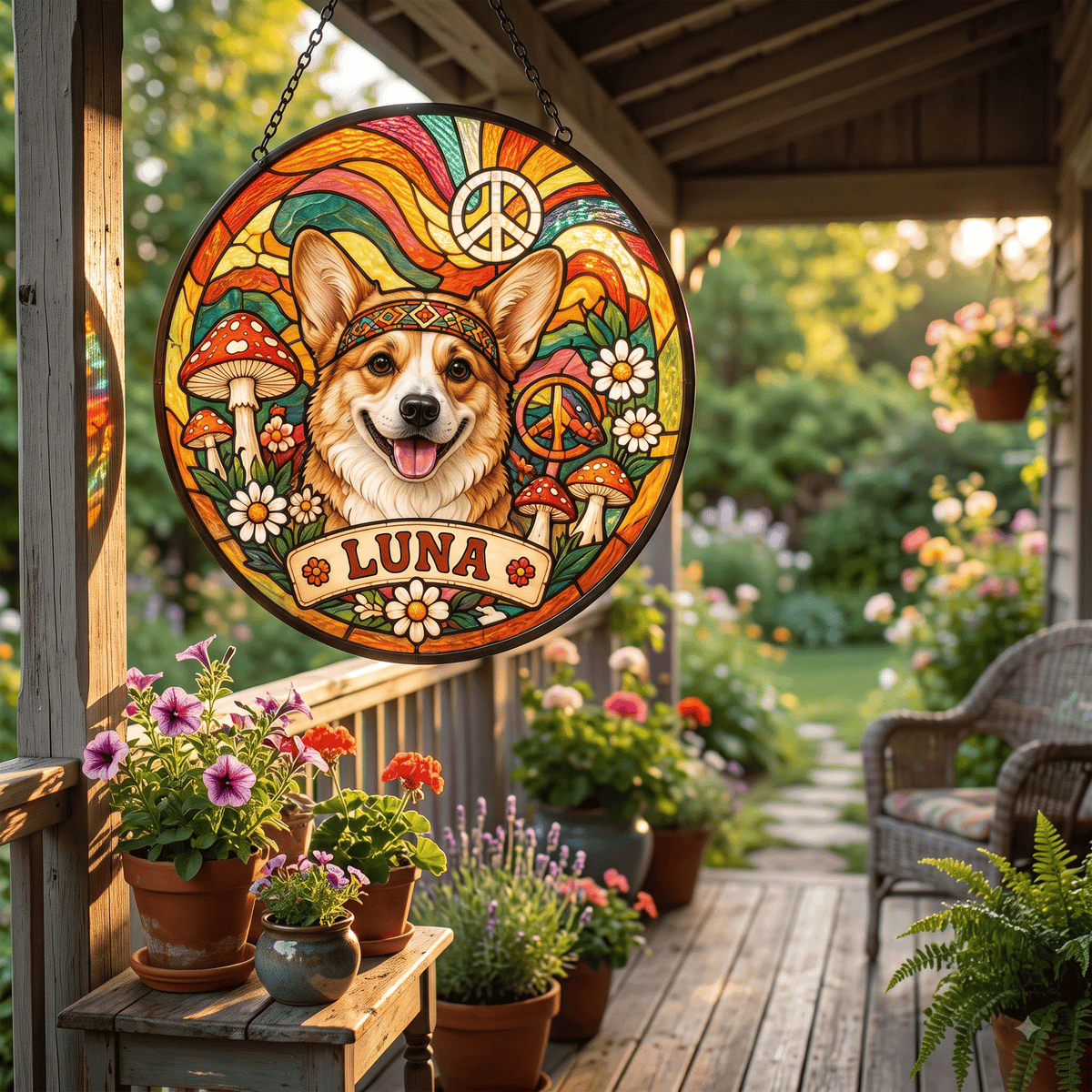 Personalized Hippie Pet Portrait Stained Glass Suncatcher – Custom Pet Name, Boho Hippie Window Hanging Gift