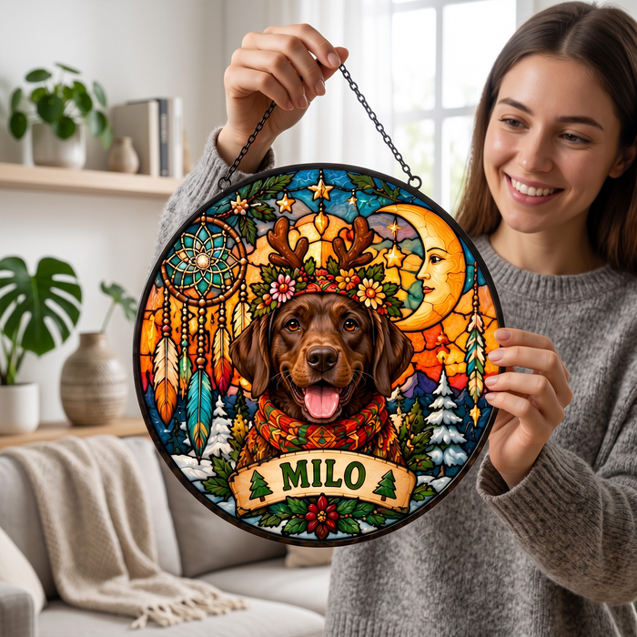 Personalized Hippie Christmas Pet Portrait Stained Glass Suncatcher – Custom Pet Name, Groovy Peace Holiday Window Hanging Gift