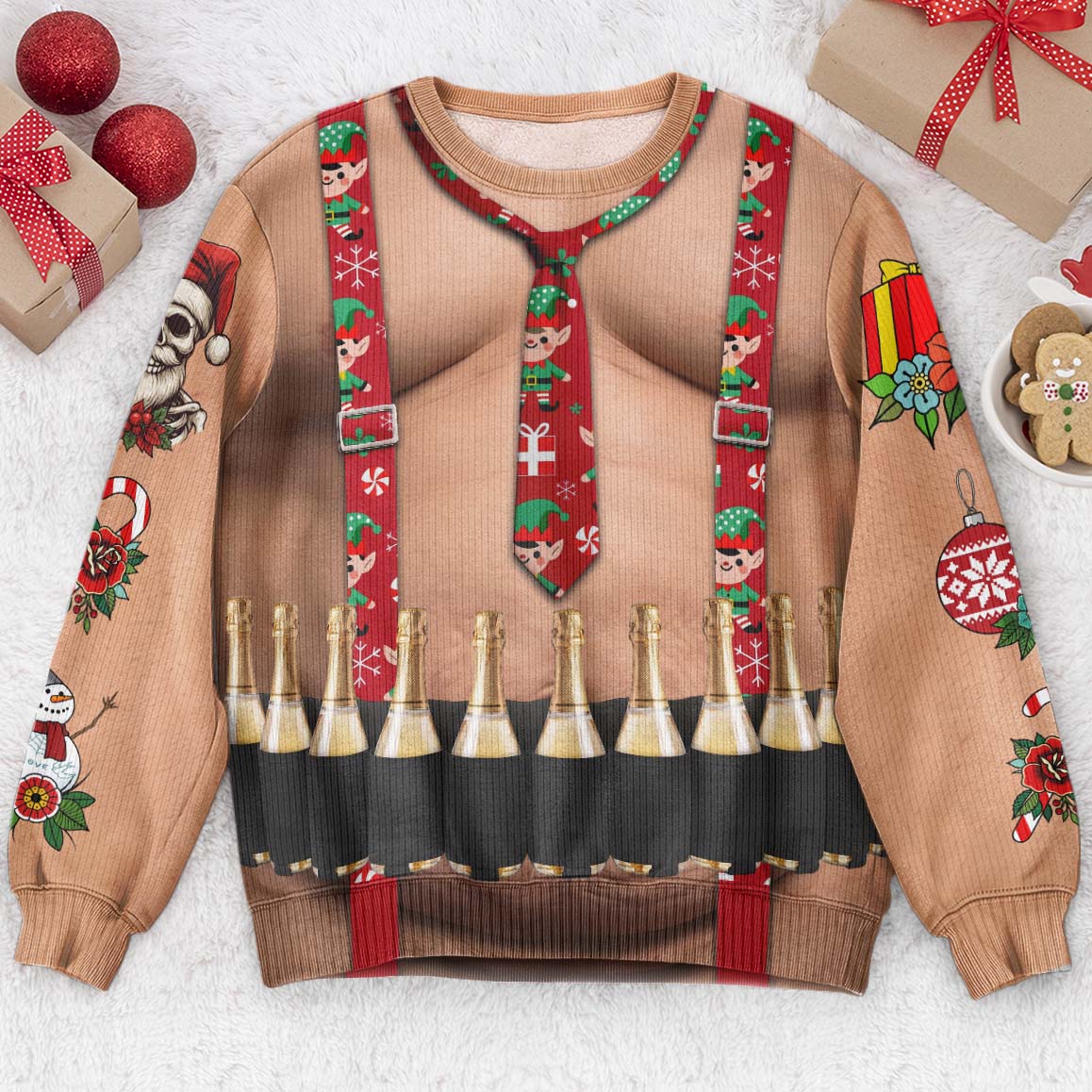 Funny Drinks Christmas Sweatshirt, 3D Muscle Santa Fake Ugly Xmas Sweater, Drinks Belt Holiday Pullover - Personalized Sweater