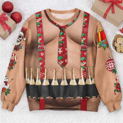 Funny Drinks Christmas Sweatshirt, 3D Muscle Santa Fake Ugly Xmas Sweater, Drinks Belt Holiday Pullover - Personalized Sweater