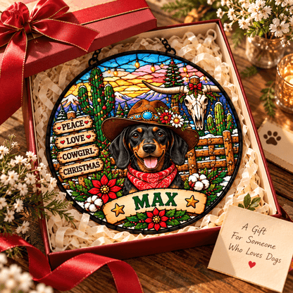 Personalized Cowgirl/Cowboy Christmas Pet Portrait Stained Glass Suncatcher, Custom Pet Name Western Holiday Window Hanging Gift