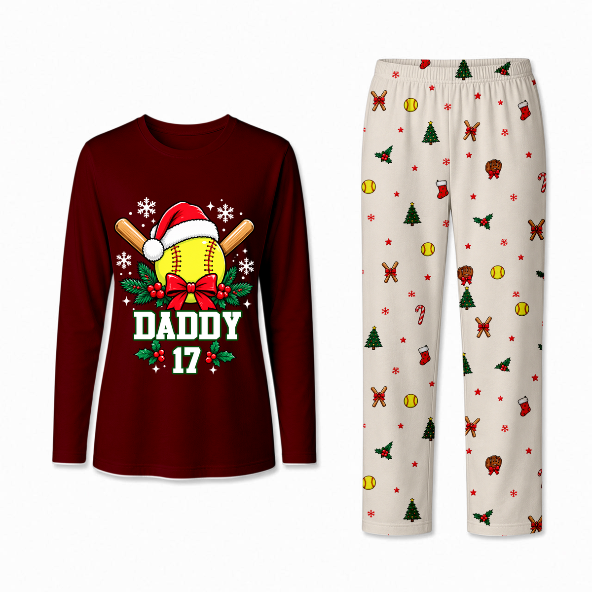 Personalized Softball Christmas Pajamas Custom Name and Number Family Matching Holiday Pajama