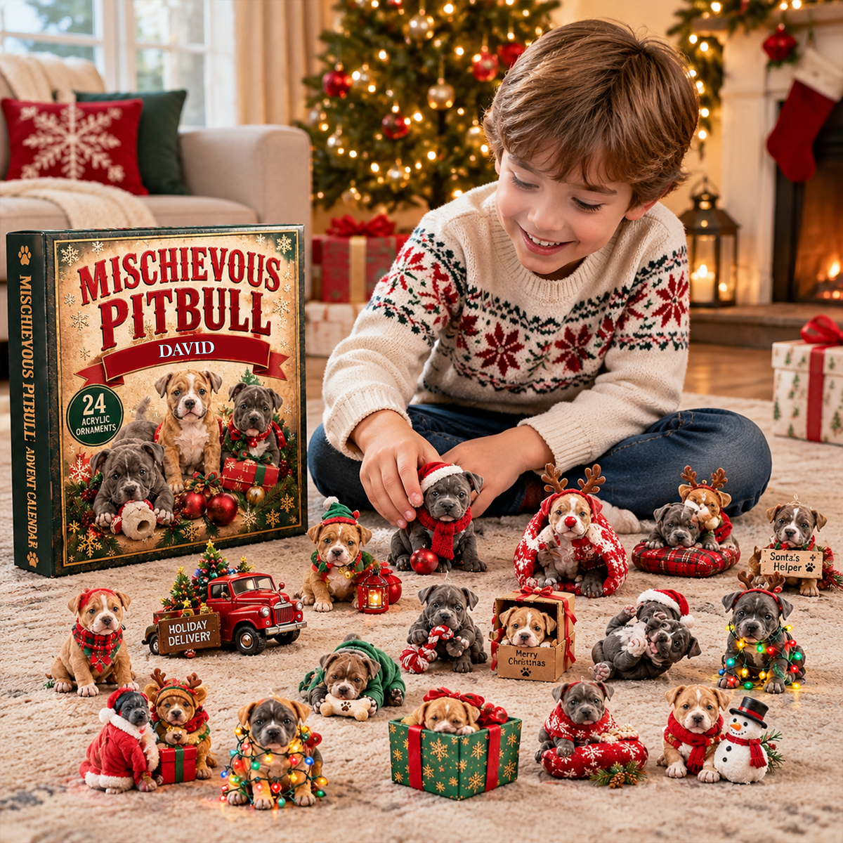 Personalized Mischievous Pitbull Advent Calendar – Custom Name 24 Days Christmas Dog Ornaments