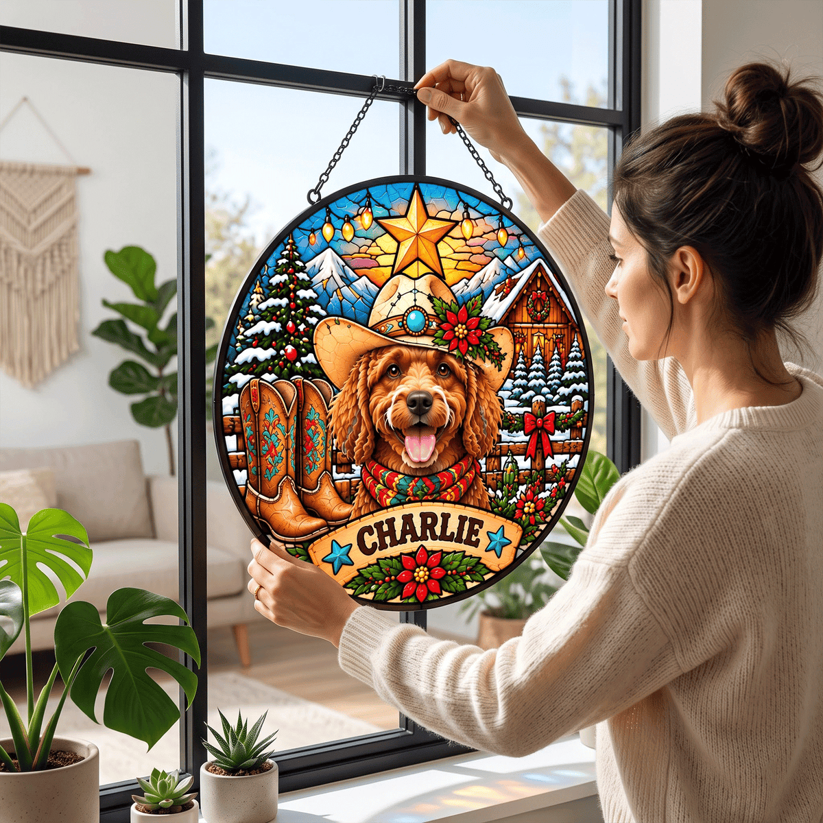 Personalized Western Christmas Pet Portrait Stained Glass Suncatcher – Custom Pet Name, Cowboy Holiday Window Hanging Gift